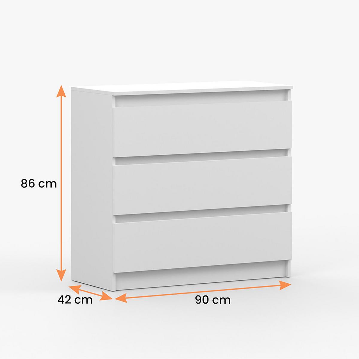 KOMMODE SOLO 3S, Schlafzimmer, Sideboard Anrichte 90 cm Weiß/Weiß, drei Schubladen, grifflos - Weiß, Holzwerkstoff (90/86/42cm) - imoebel24