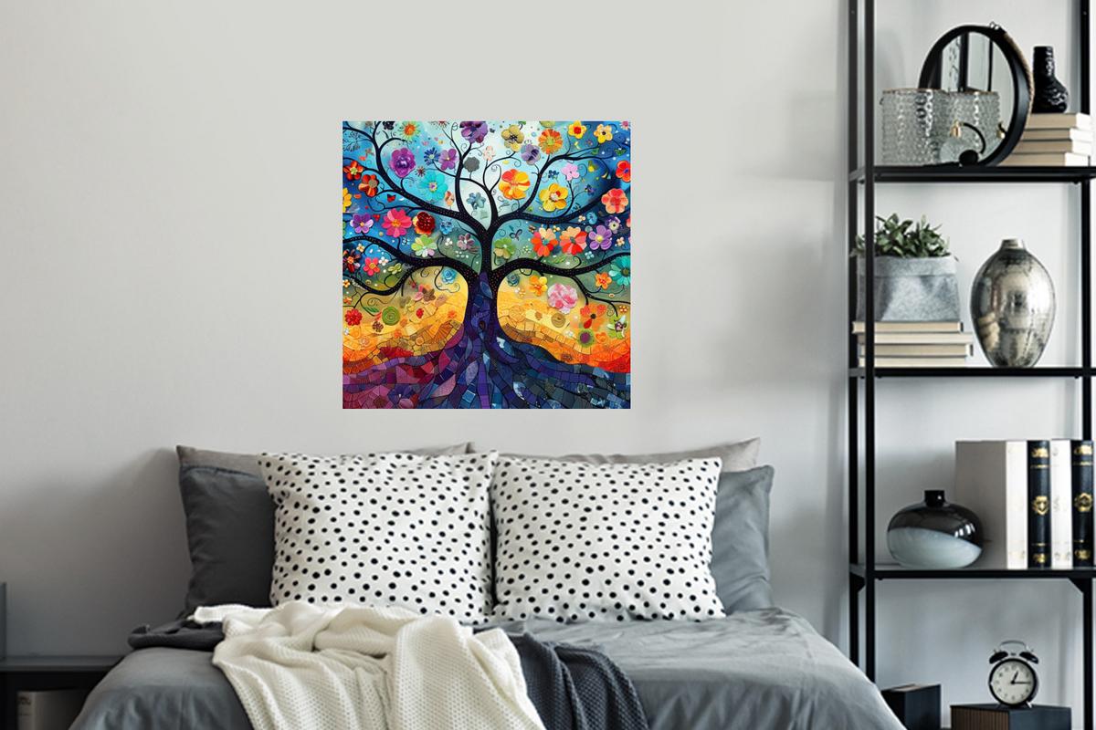 WANDTATTOO Kunst - Baum des Lebens - Blumen - Hippie Wanddeko 50x50 cm - Dunkelblau, Kunststoff (50/50/0.1cm) - MuchoWow