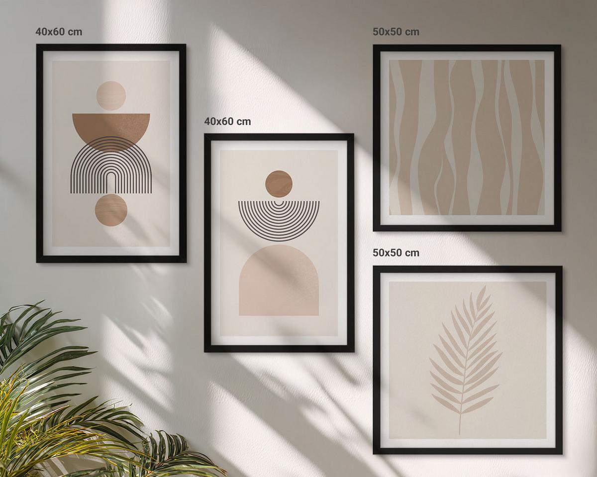 BILDER SET 4er Set - 50x50 cm & 40x60 cm Schwarzer Rahmen - Abstrakte Formen braun beige - Schwarz, Kunststoff (50/50cm) - TULUP