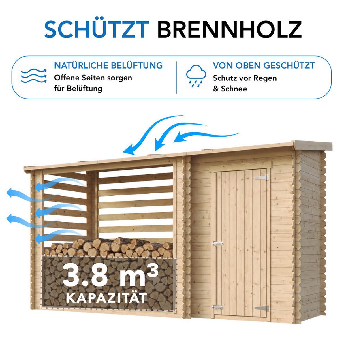 BRENNHOLZLAGER aus Holz mit Geräteraum 3,64 m², Kaminholzregal mit Pultdach, ca. 3,8 m³ Brennholzkapazität, 348 x 146 x 199 cm (B x T x H) - Naturfarben, Holz (348/199/146cm) - Timbela