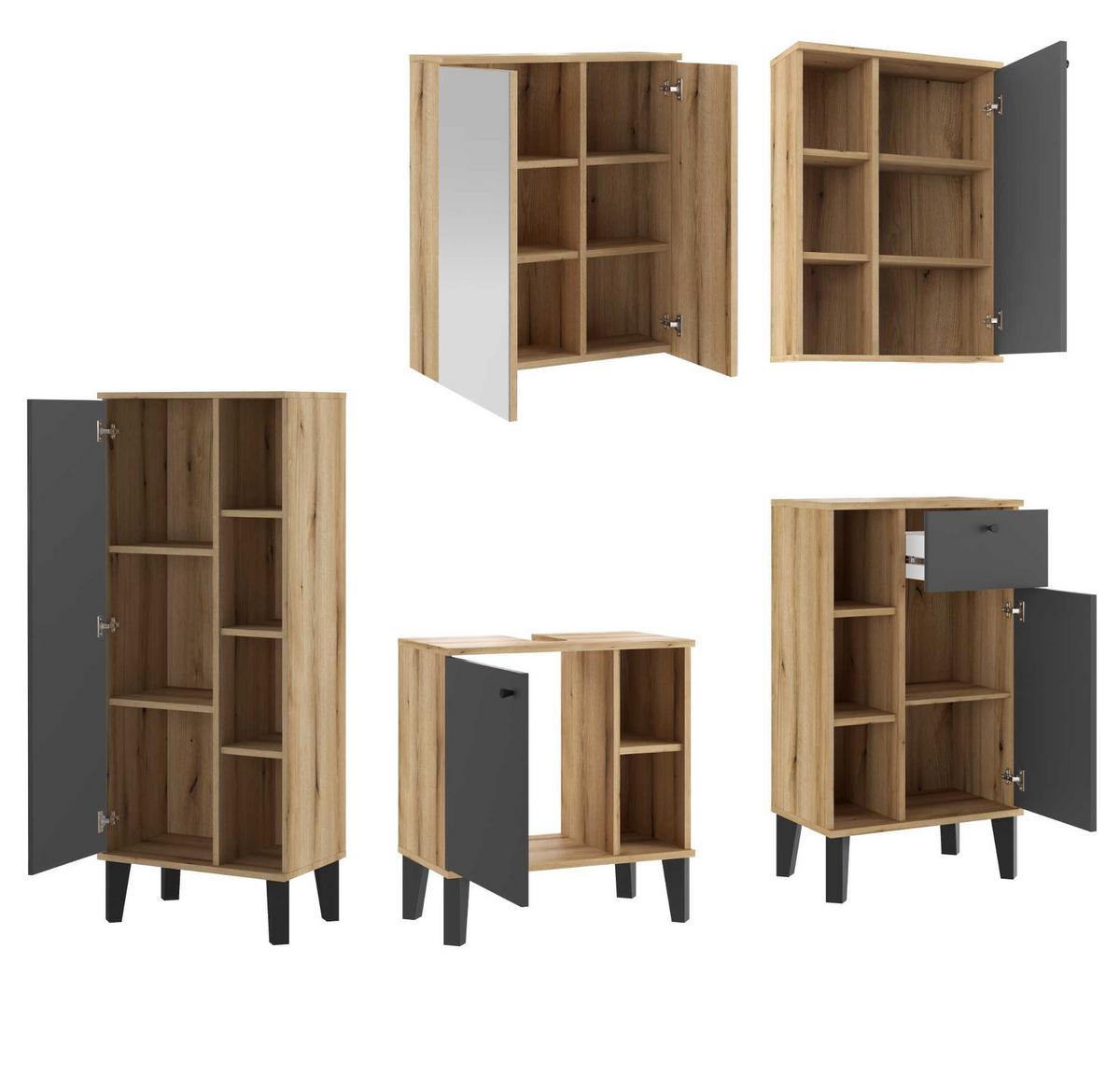BADMÖBEL-SET 5-teilig grau, Evoke Eiche, Badkombination, 182 x 190 cm - Eichefarben/Grau, Glas/Holzwerkstoff (182/190/33cm) - Furn.Design