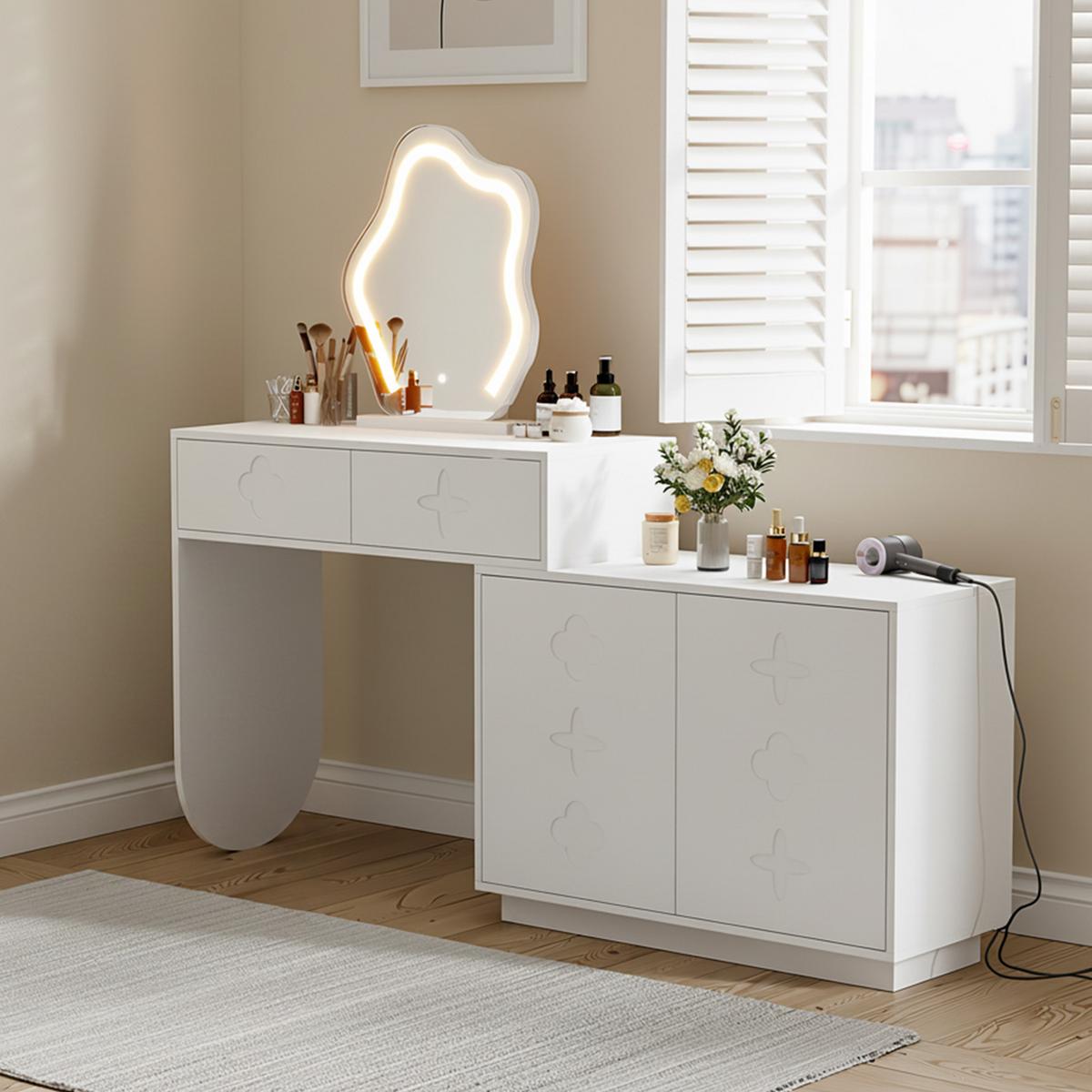 SCHMINKTISCH mit LED-Spiegel & flexiblem Seitenschrank - Weiß, Holzwerkstoff (160/132/40cm) - Urban Meuble