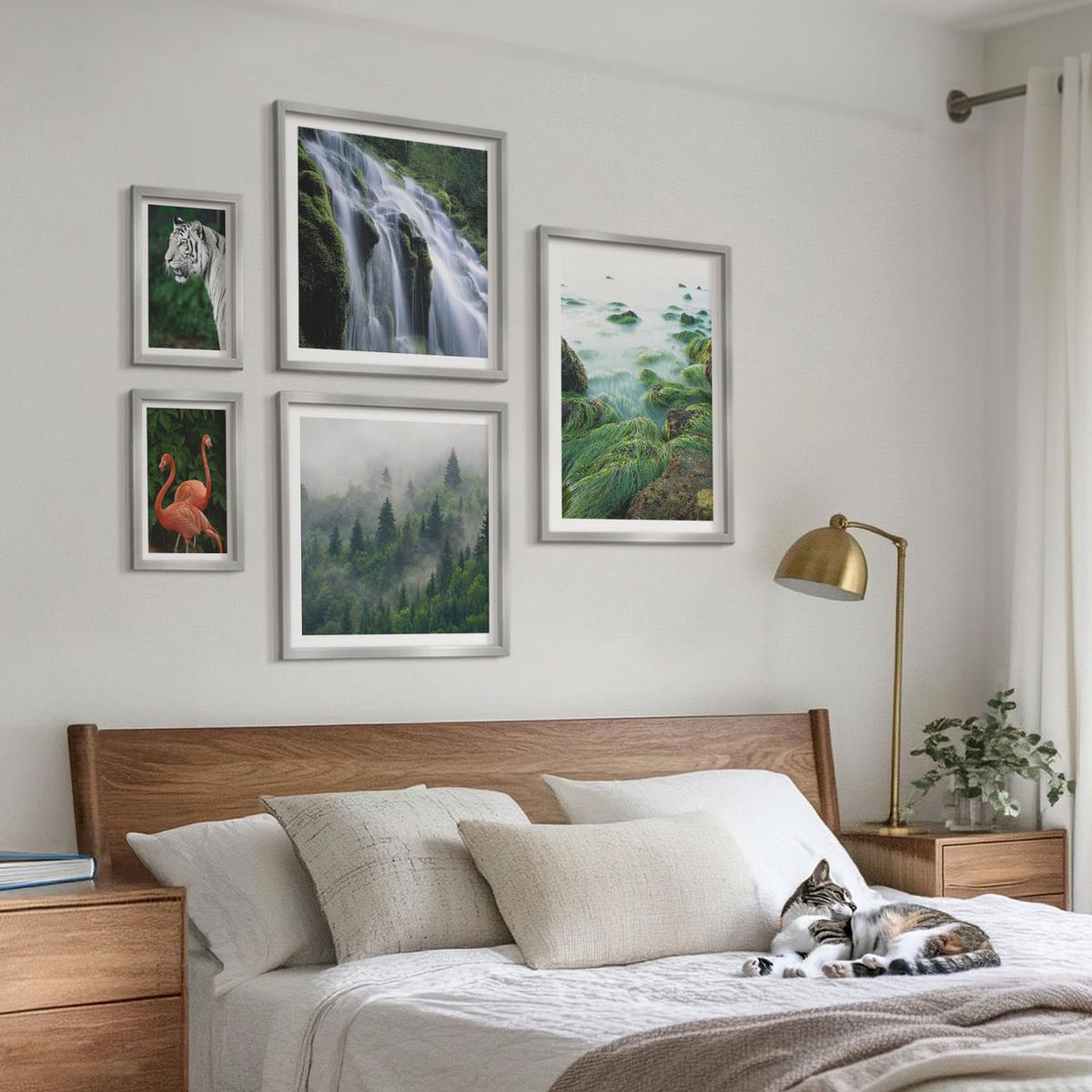 BILDER SET 5er Set - 50x50 cm & 20x30 cm & 40x60 cm Silberner Rahmen - Tiger Wasserfall Flamingos Natur - Silberfarben, Kunststoff (40/60cm) - TULUP