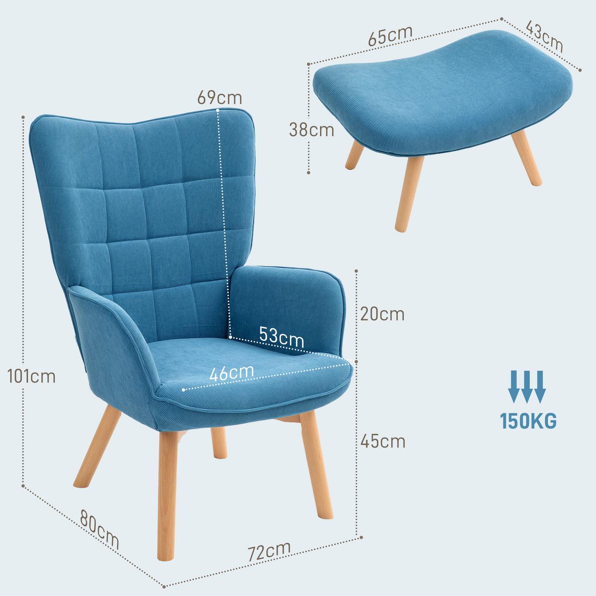 SESSEL mit Hocker, Ohrensessel mit Hoher Rückenlehne, Holzbeine, Cord, Blau - Blau/Buchefarben, Buchenholz/Textil (80/101/72cm) - HOMCOM