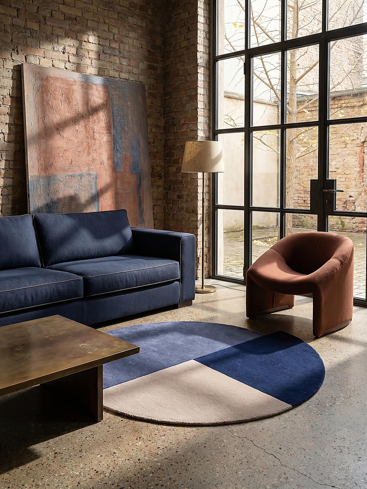 WOLLTEPPICH HALLEIN, geometrisch, Blau-Beige, Ø 150 cm - Blau, Textil (150/150cm) - KADIMA DESIGN