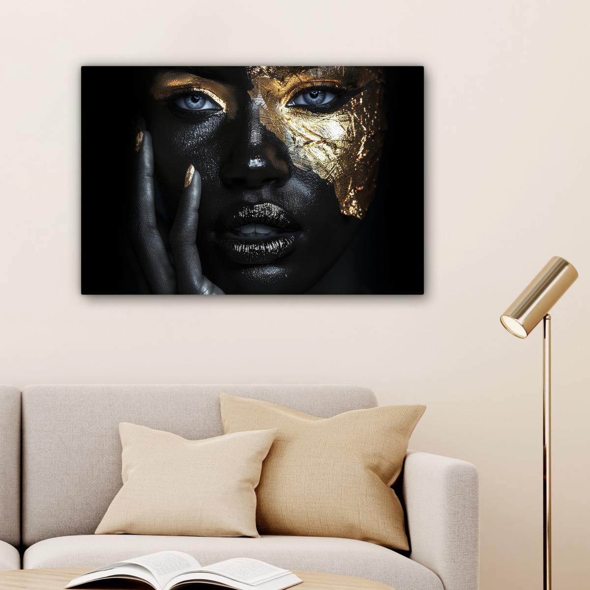 LEINWANDBILD Frau - Gold - Porträt - Schwarz-Weiß - Luxus Gemälde 60x40 cm - Hellblau, Textil (60/40cm) - MuchoWow