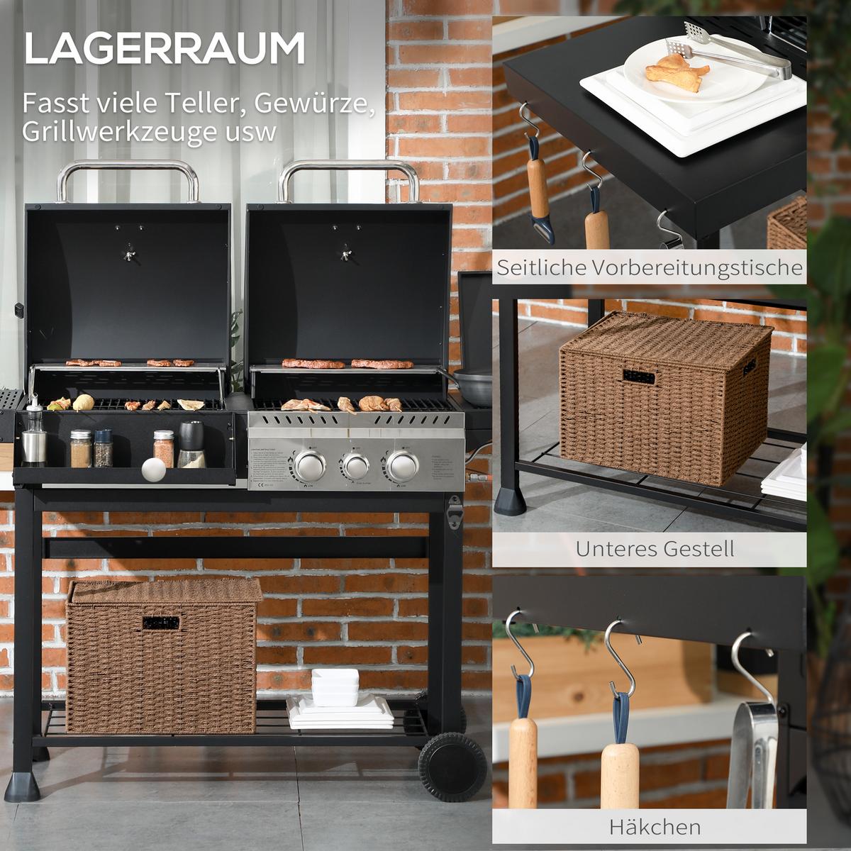 GASGRILL mit 2+1 Brenner, Thermometer, 3kW BBQ Holzkohlgrill mit Regal - Schwarz, Metall (54/103/161cm) - Outsunny