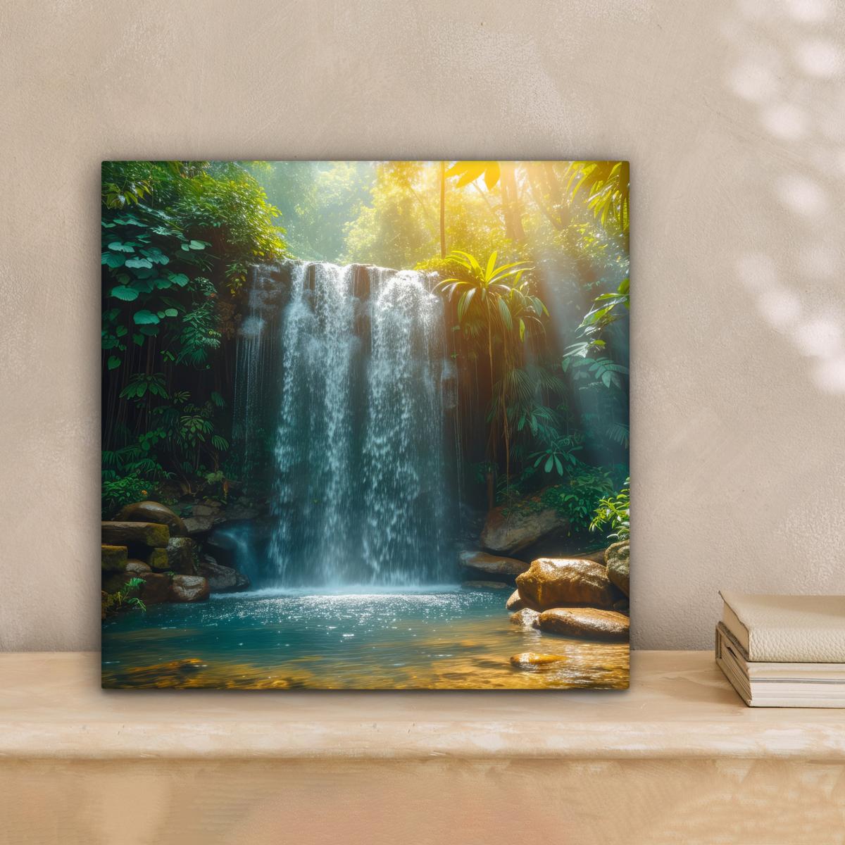 LEINWANDBILD Wasserfall - Dschungel - Sonne - Grün - Natur Deko Wohnzimmer 20x20 cm - Grün, Textil (20/20cm) - MuchoWow