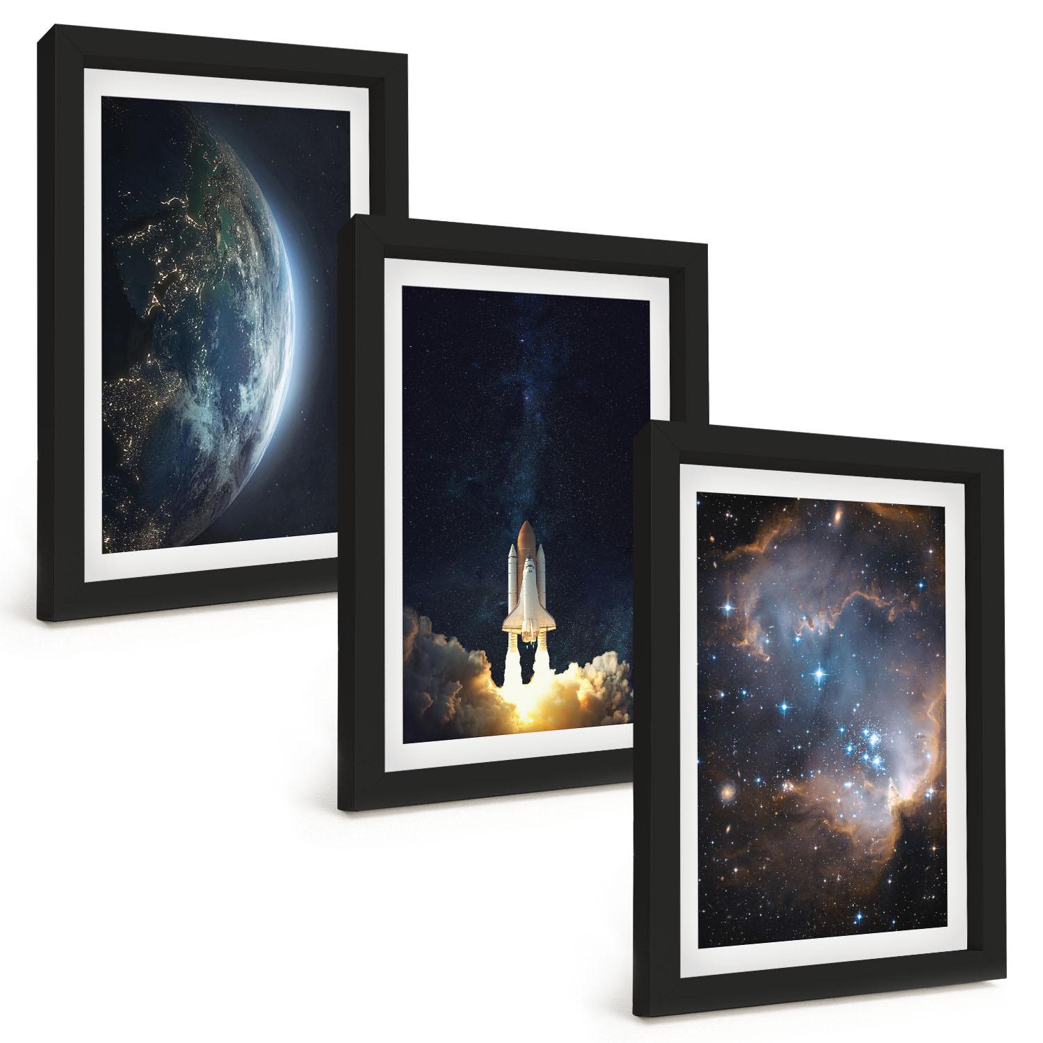 BILDER SET 3er Set - 20x30 cm Schwarzer Rahmen - Weltraum Erde Rakete Galaxie - Schwarz, Kunststoff (20/30cm) - TULUP