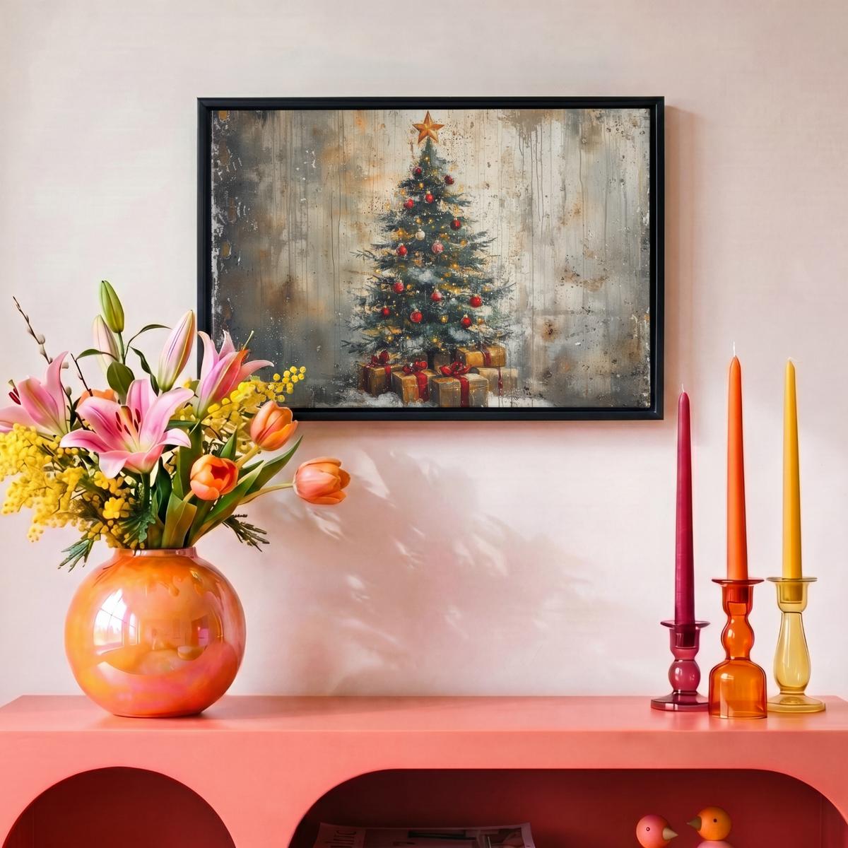 LEINWAND Bilder mit Rahmen - Weihnachtsbaum - Vintage - Weihnachten - Geschenk - 30x20 - Rostfarben, Textil (30/20cm) - MuchoWow