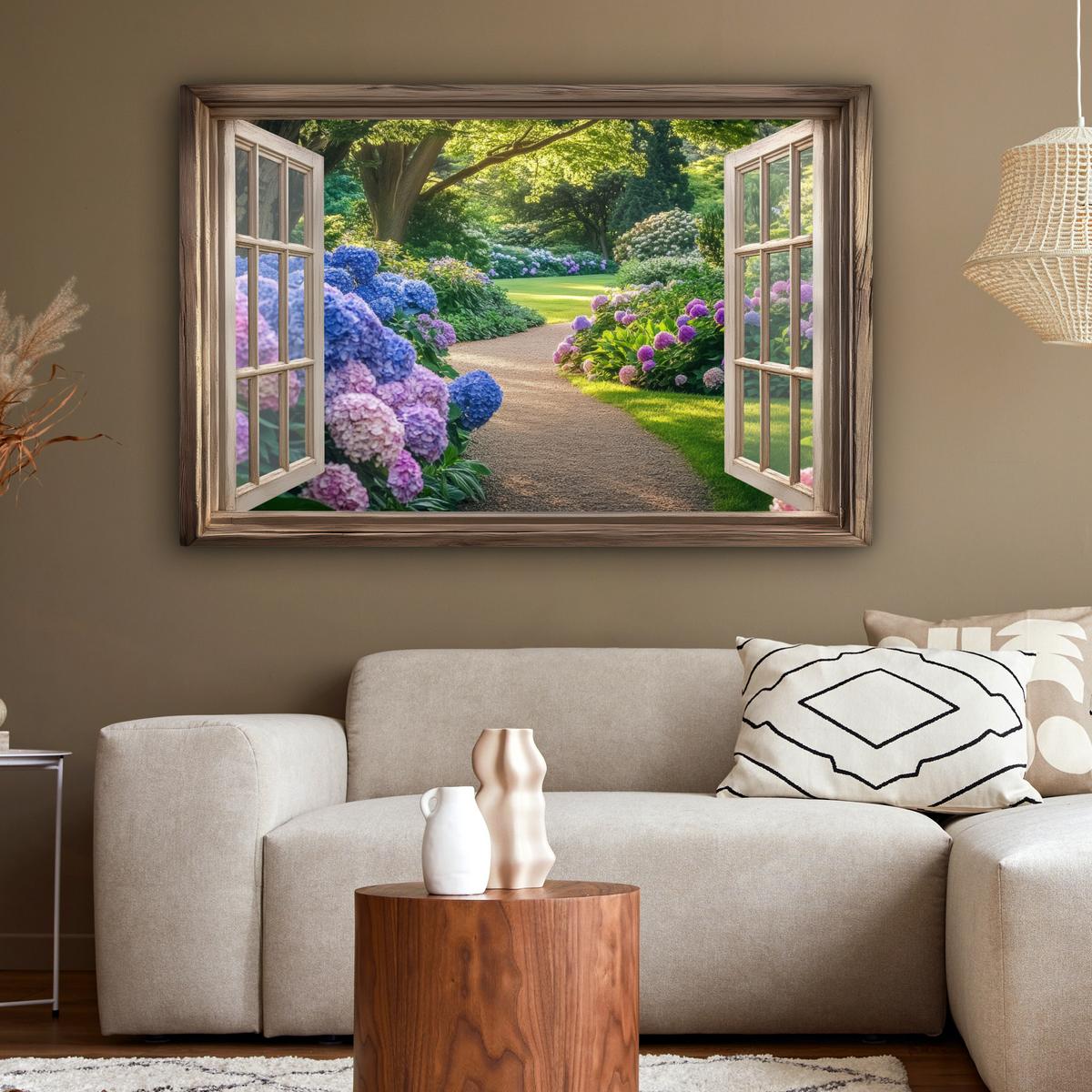 LEINWANDBILD Aussicht - Garten - Fenster - Hortensie - Blumen Wohnzimmer Groß 120x80 cm - Pastellblau, Textil (120/80cm) - MuchoWow
