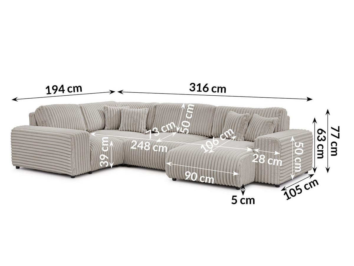 WOHNLANDSCHAFT Mollis Hellgrau Plüschcord im XXL-Format - Ottomane Rechts - Hellgrau/Schwarz, Holz/Kunststoff (316/77/194cm) - S-Style Möbel
