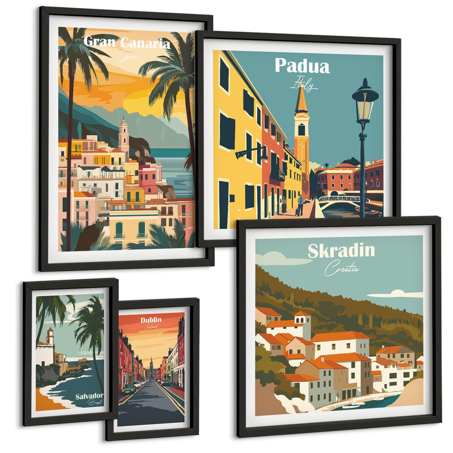 BILDER SET 5er Set - 50x50 cm & 20x30 cm & 40x60 cm Schwarzer Rahmen - Retro-Stadtansichten Sedona Sintra - Schwarz, Kunststoff (40/60cm) - TULUP