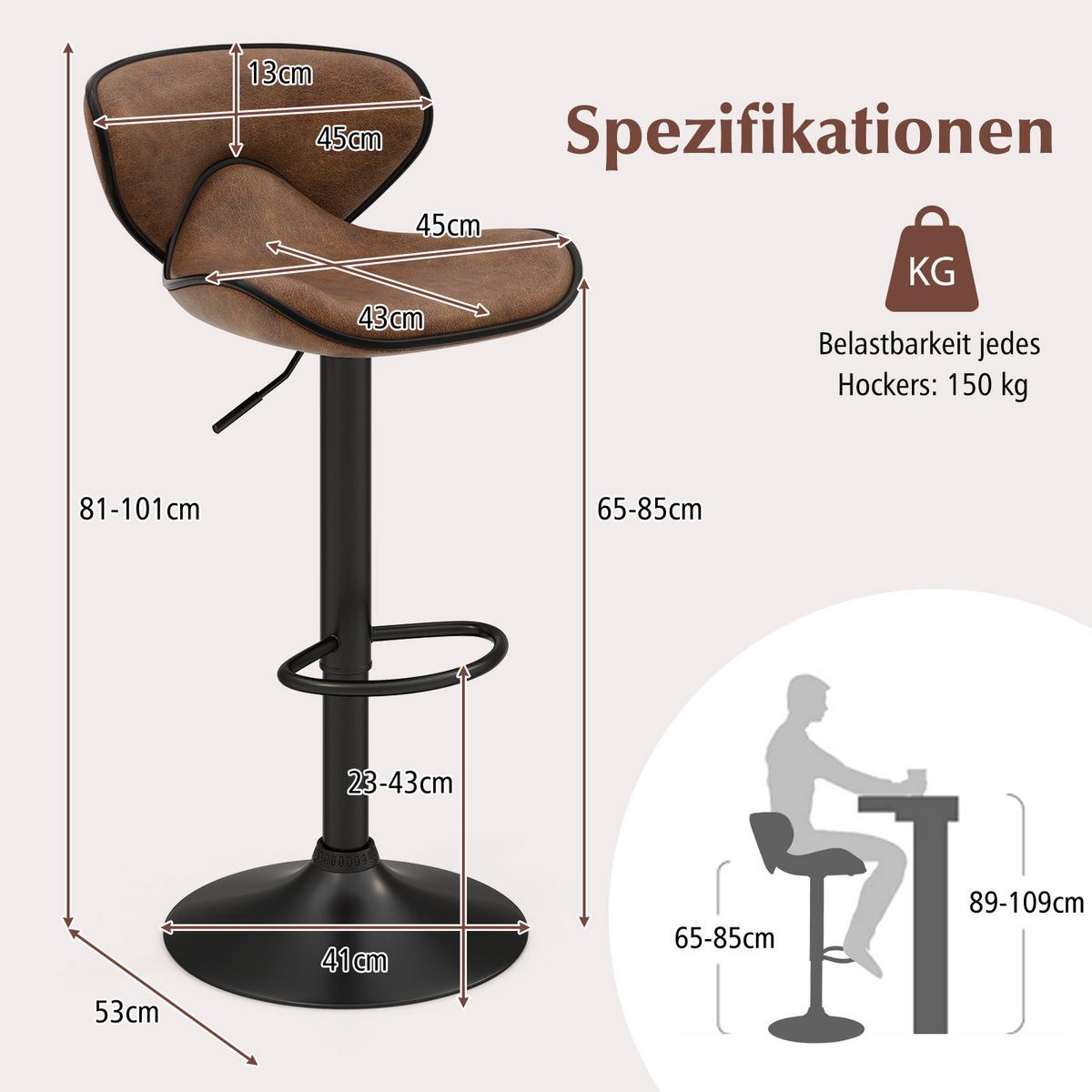 BARHOCKER Schwarz(2er-Set) - Schwarz, Metall (53/81/45cm) - COSTWAY