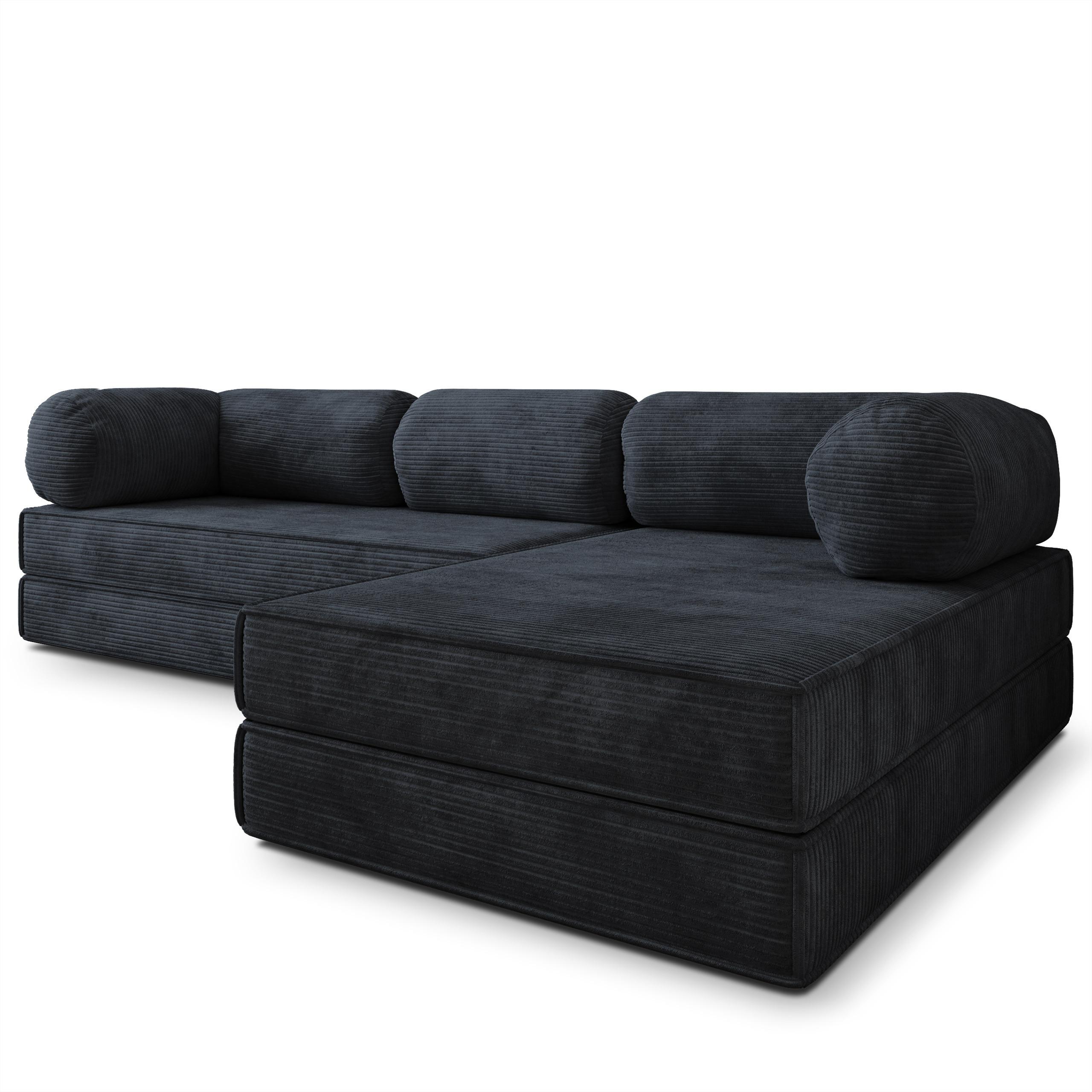 ECKSOFA ETERA modulares Boneless Sofa mit Schlaffunktion Schwarz Kordstoff - Schwarz, Textil (270/160cm) - MASSENO