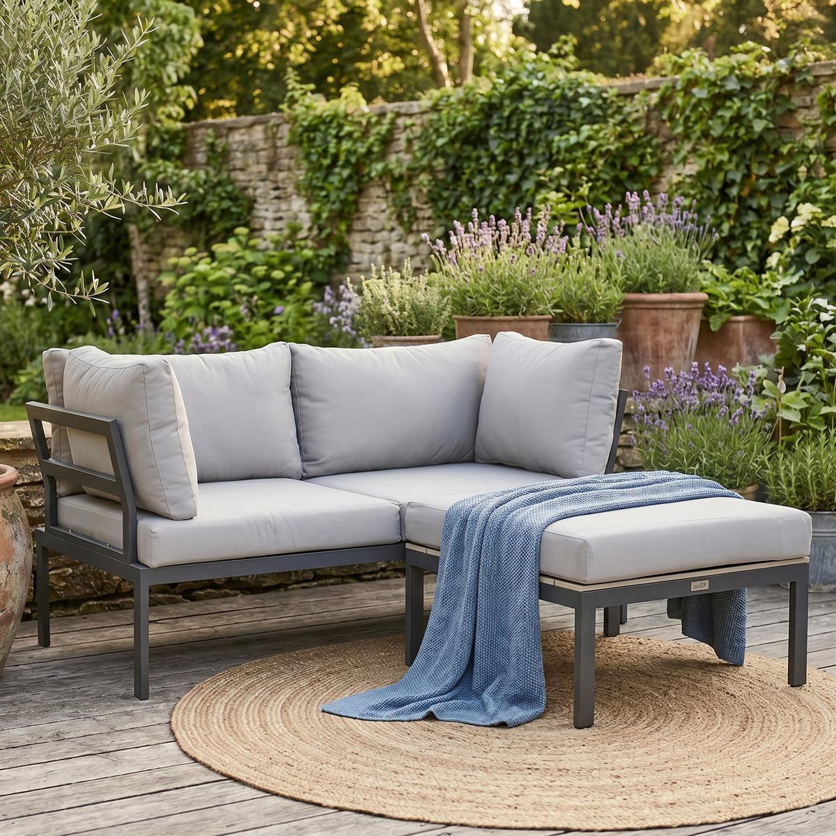 GARTENSET Santorini modulares Ecksofa mit Couchtisch, verzinkter Stahl, für 2 Personen - Hellgrau, Metall - Beautysofa