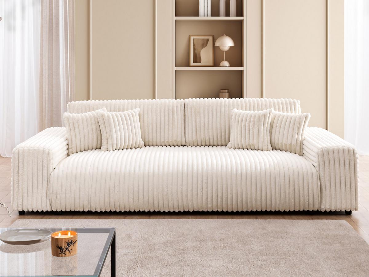 BIGSOFA Mollis Hellbeige Plüschcord mit Schlaffunktion - Beige/Schwarz, Holz/Kunststoff (260/77/124cm) - S-Style Möbel