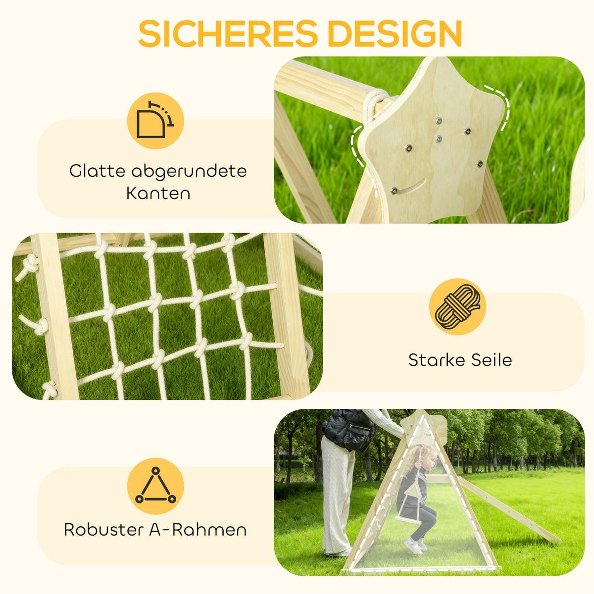 KLETTERGERÜST-MONTESSORI mit Rutsche Schaukel und Basketballkorb - Naturfarben, Holz (133/43/140cm) - AIYAPLAY