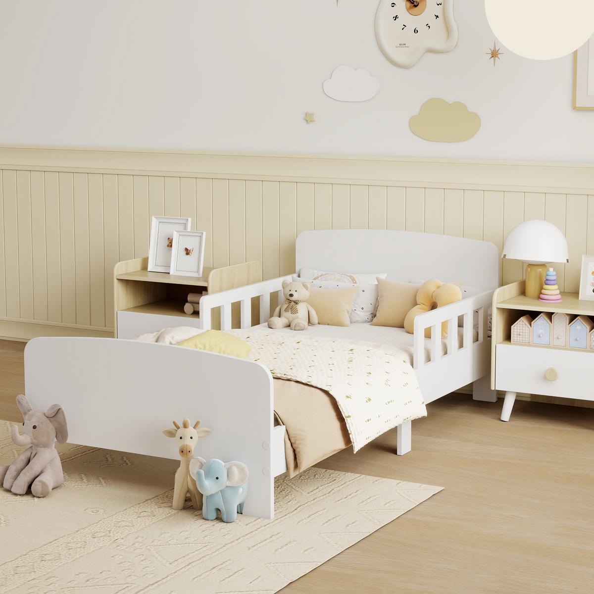 KINDERBETT, Kleinkindbett mit Rausfallschutz, Lattenrost, 143,5 x 74,2 cm Weiß - Weiß, Holzwerkstoff (70/140cm) - AIYAPLAY