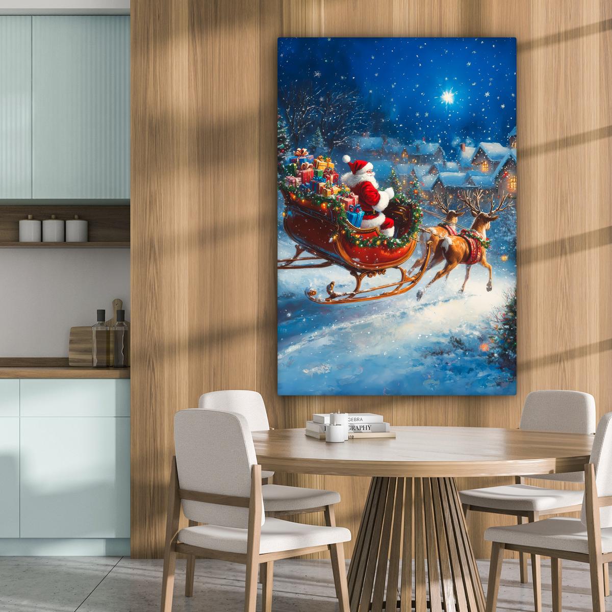 LEINWANDBILD Weihnachtsmann - Rentier - Weihnachten - Schnee Deko XXL 80x120 cm - Cognac, Textil (80/120cm) - MuchoWow