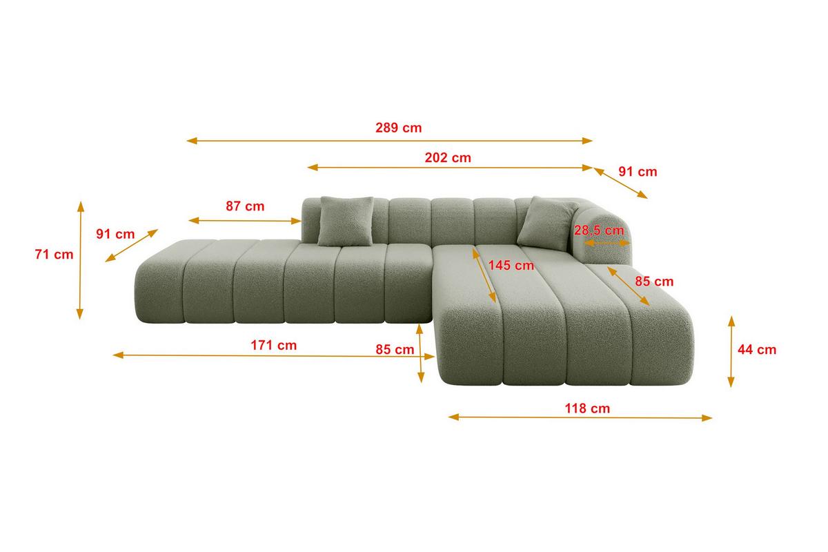 ECKSOFA Ottomane Rechts BILA-L 289x176x71 Grün Bouclé - Schwarz/Grün, Holzwerkstoff/Kunststoff (289/176cm) - ALTDECOR