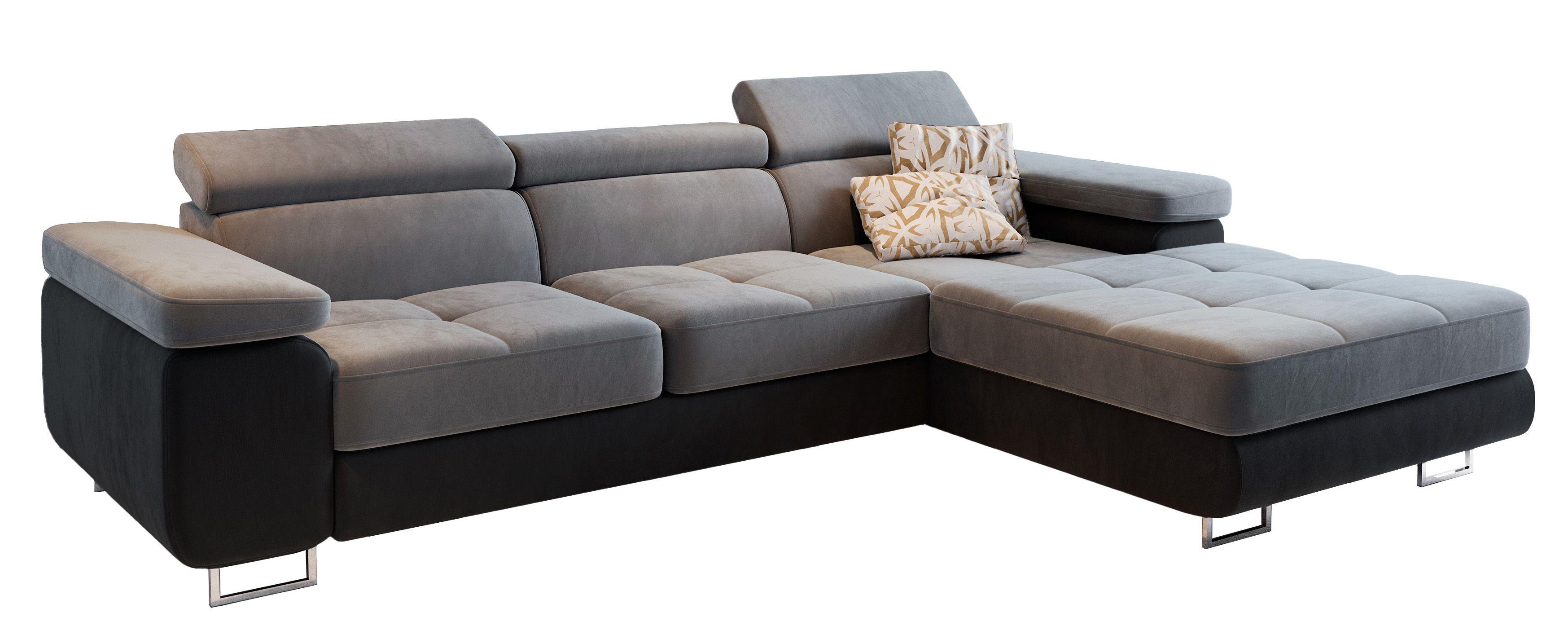 ECKSOFA ELMA R-S Hellgrau Velours-Stoff mit Schlaffunktion - Silberfarben/Hellgrau, Holz/Textil (280/205cm) - MASSENO