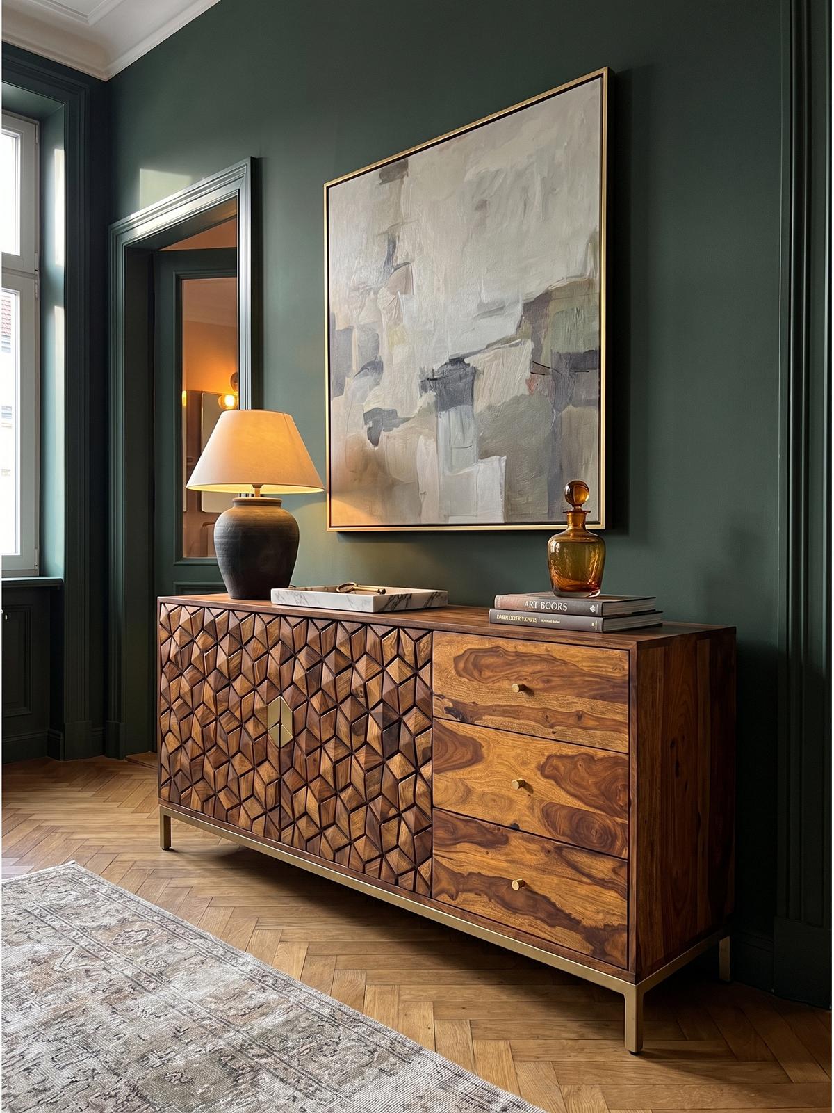 KOMMODE TREVI, Dunkles Massivholz, mit Stauraum, 180 x 40 x 70 cm - Goldfarben/Braun, Holz/Metall (180/70/40cm) - KADIMA DESIGN
