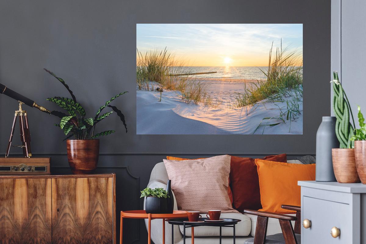 WANDTATTOO Strand - Sonne - Düne - Gras - Sand - Horizont Wandsticker 120x80 cm - Hellblau, Kunststoff (120/80/0.1cm) - MuchoWow