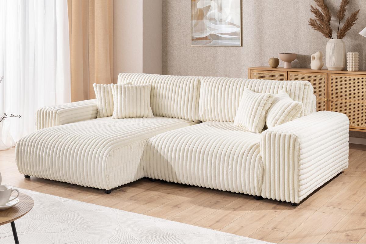 ECKSOFA Mollis Hellbeige Plüschcord - Ottomane Links - Beige/Schwarz, Holz/Kunststoff (255/168cm) - S-Style Möbel