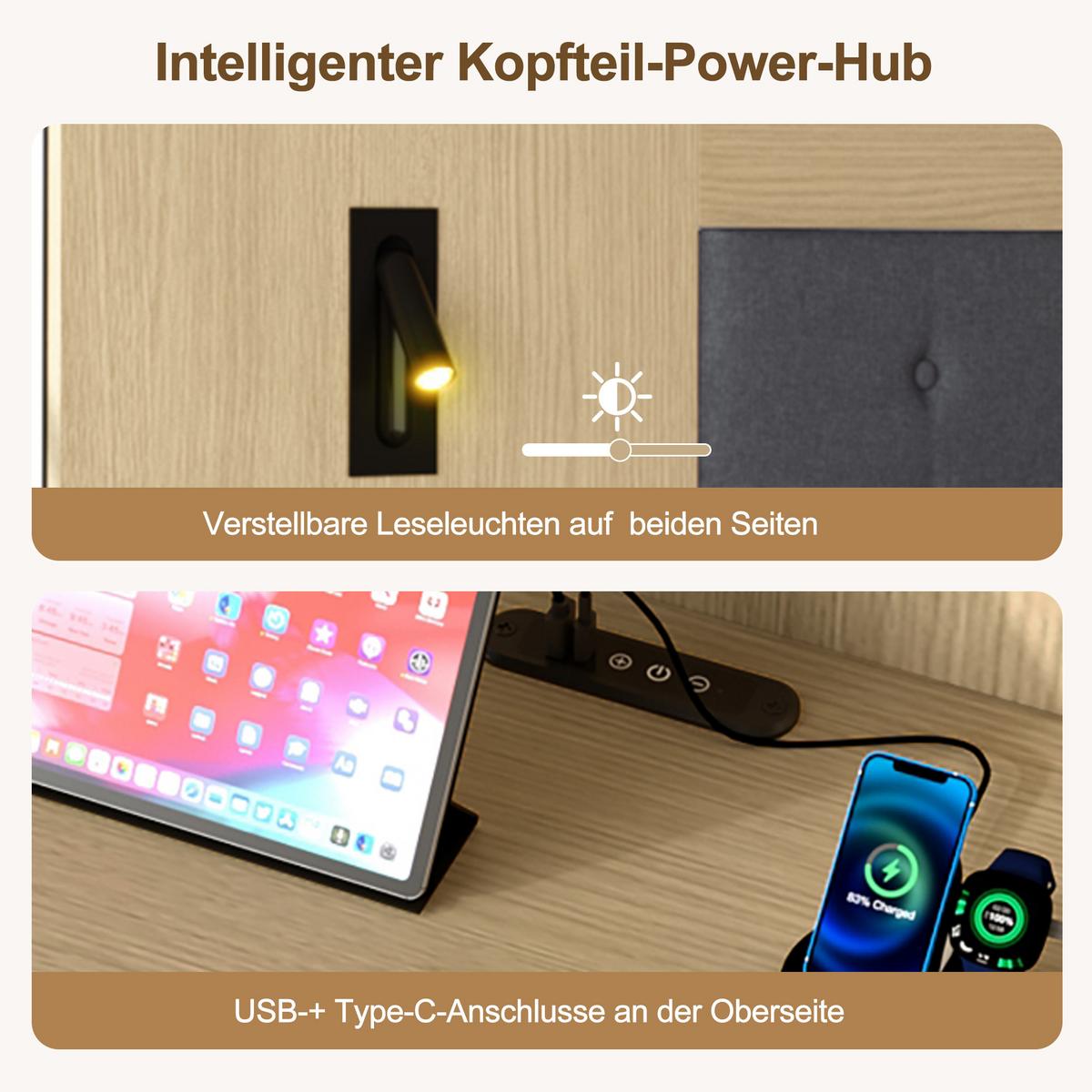 DOPPELBETT 180x200 Helle Eiche mit Stauraum, USB, Leselampe & 2 Nachttischen - Eichefarben, Holzwerkstoff (180/200cm) - Urban Meuble