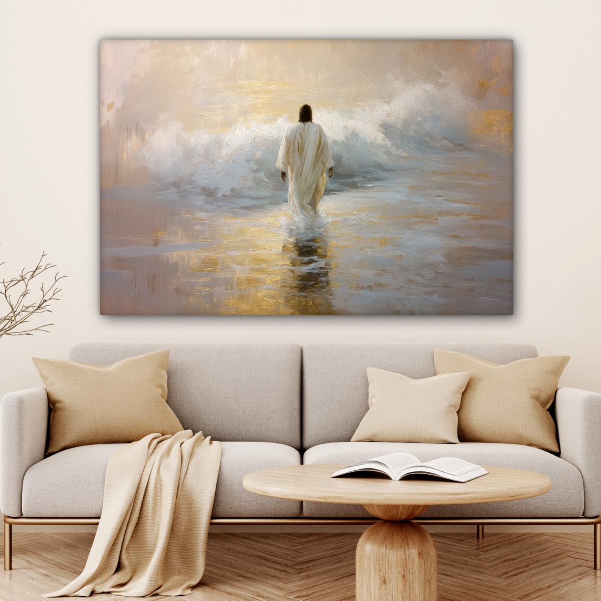 LEINWANDBILD Gemälde - Welle - Jesus - Abstrakt Wohnzimmer Groß 120x80 cm - Goldfarben, Textil (120/80cm) - MuchoWow