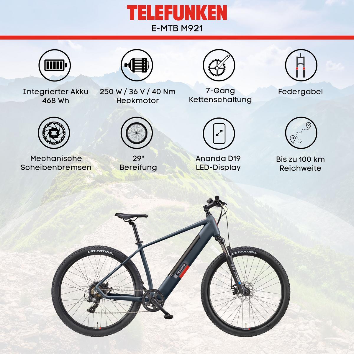 E-BIKE Mountainbike Aufsteiger M921 Für Damen u. Herren 468 Wh Heckmotor 7-Gang-Kettenschaltung 29 Zoll - Grau, Metall (114.6cm) - Telefunken