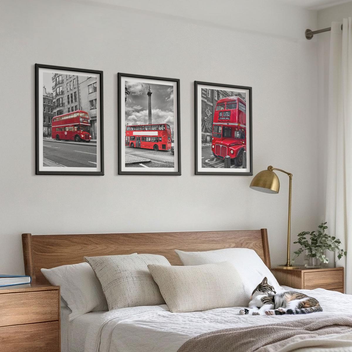 BILDER SET 3er Set - 40x60 cm Schwarzer Rahmen - Rote Busse in London - Schwarz, Kunststoff (40/60cm) - TULUP