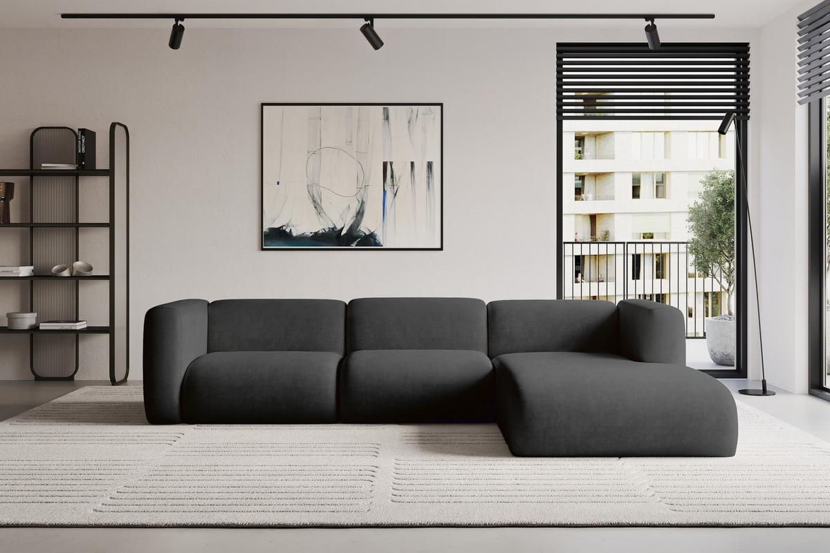 ECKSOFA Ottomane Rechts MIRA-L2 318x179x89 Schwarz Velours - Anthrazit/Schwarz, Holzwerkstoff/Kunststoff (318/179cm) - ALTDECOR