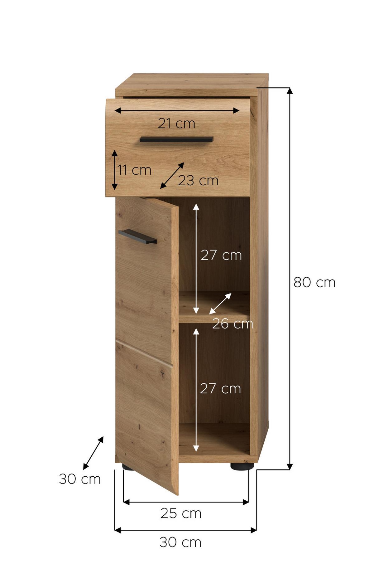 MIDISCHRANK in Eiche Artisan, Bad Unterschrank mit Vollauszug Schubkasten, 30 x 80 cm - Schwarz/Eiche Artisan, Holzwerkstoff/Kunststoff (30/80/30cm) - Inn.Furn