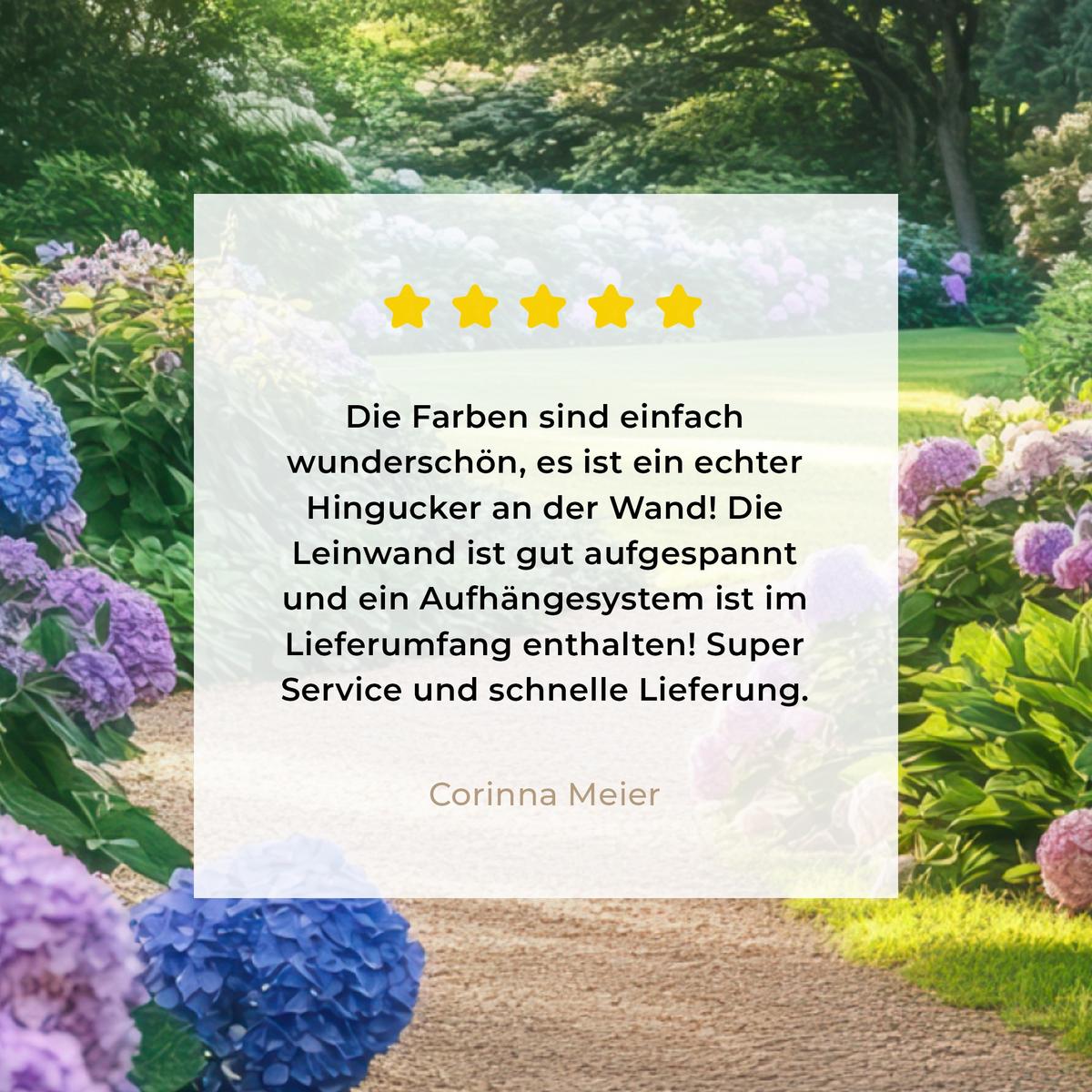 LEINWANDBILD Aussicht - Garten - Fenster - Hortensie - Blumen Deko Groß 90x90 cm - Pastellblau, Textil (90/90cm) - MuchoWow