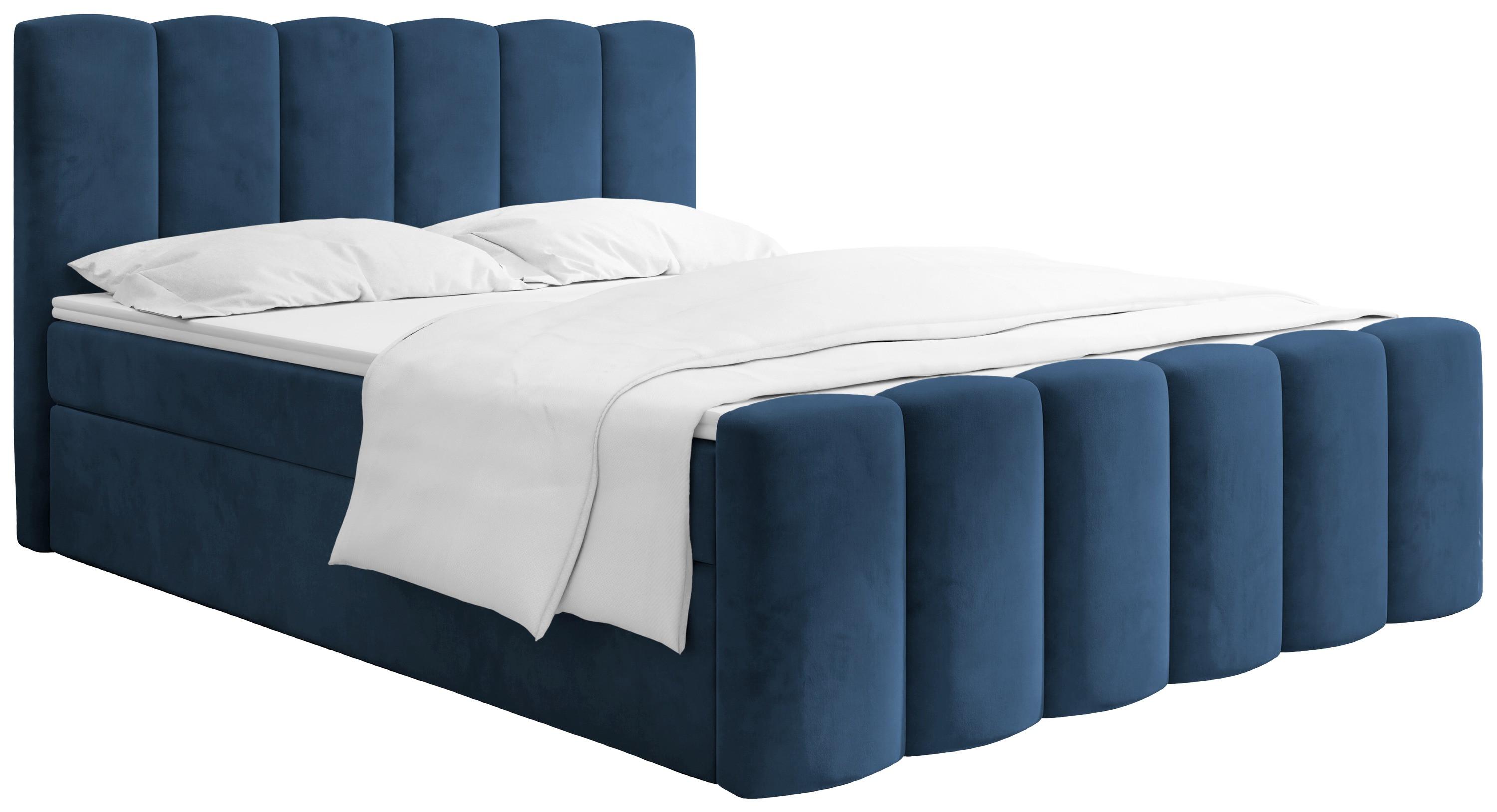 BOXBETT Serenity mit Bettkasten, Dunkelblau Samt 160x200 cm – inkl. H4 Taschenfederkern Matratze & Foam Topper - Blau/Schwarz, Holz/Holzwerkstoff (160/200cm) - WFL GROUP