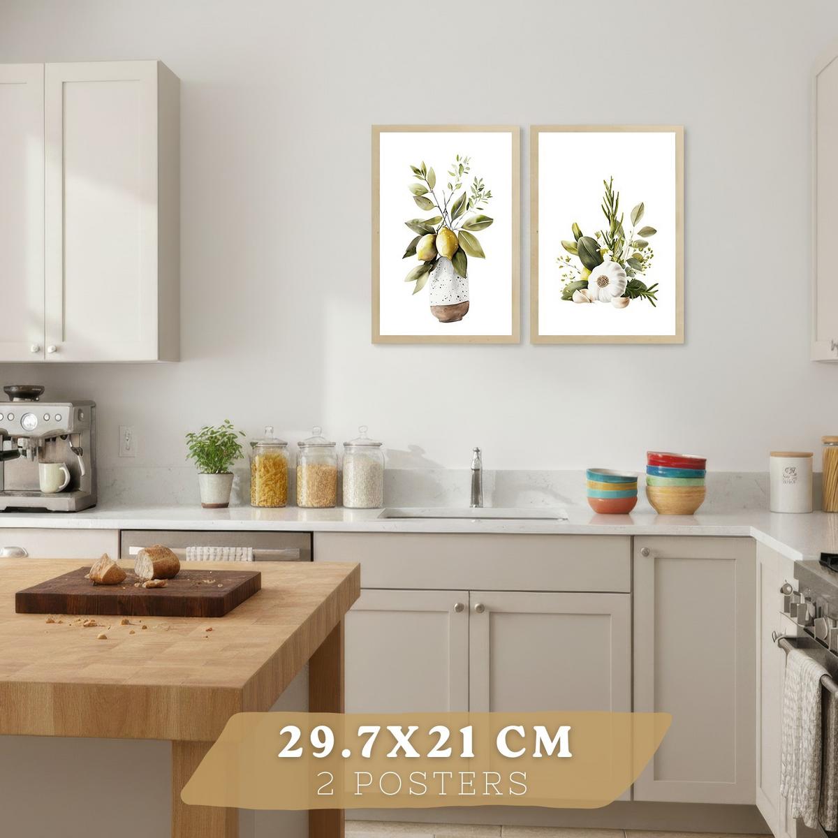 POSTER 4er Set Mediterrane Küchen-Wandbilder Zitronen Knoblauch Oliven Kräuter Aquarell Esszimmer Deko Leichter Holzrahmen A4 - Beige, Papier (29.7/1/21cm) - Nacnic