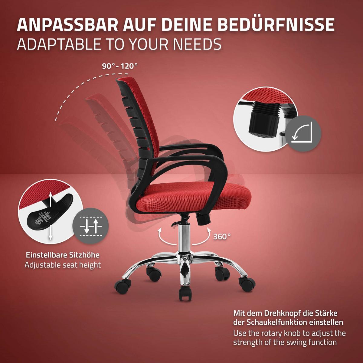 BÜROSTUHL Rot - Rot, Metall (54/99/59cm) - ML-DESIGN