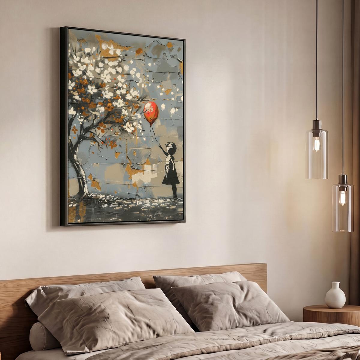 LEINWAND Bilder mit Rahmen - Baum - Graffiti - Banksy-Stil - Ballon-Mädchen - 70x100 - Blaugrau, Textil (70/100cm) - MuchoWow