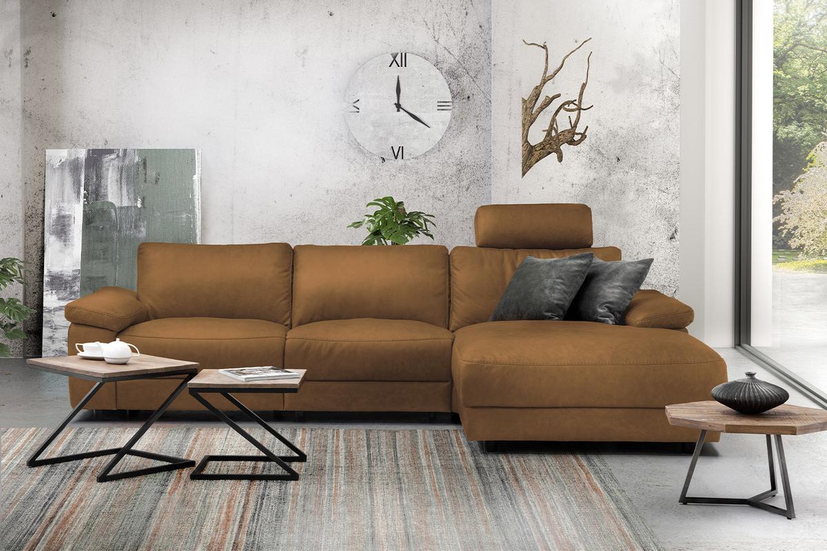 ECKSOFA XL MOTORISCHER RELAXFUNKTION LOLA Orange Leder Relaxfunktion - Cognac/Schwarz, Leder (304/178cm) - KAWOLA