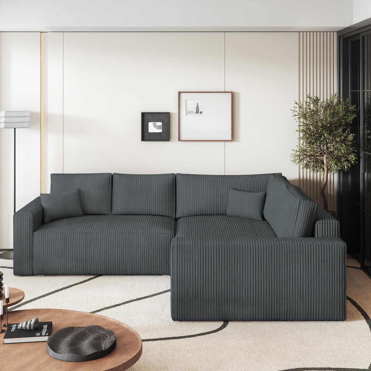 ECKSOFA ERONIS R-S Grau Kordstoff mit Schlaffunktion - Grau, Holz (265/194cm) - MASSENO