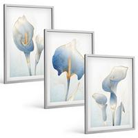BILDER SET 3er Set - 40x60 cm Silberner Rahmen - Blaue Blumen im Hintergrund - Silberfarben, Kunststoff (40/60cm) - TULUP