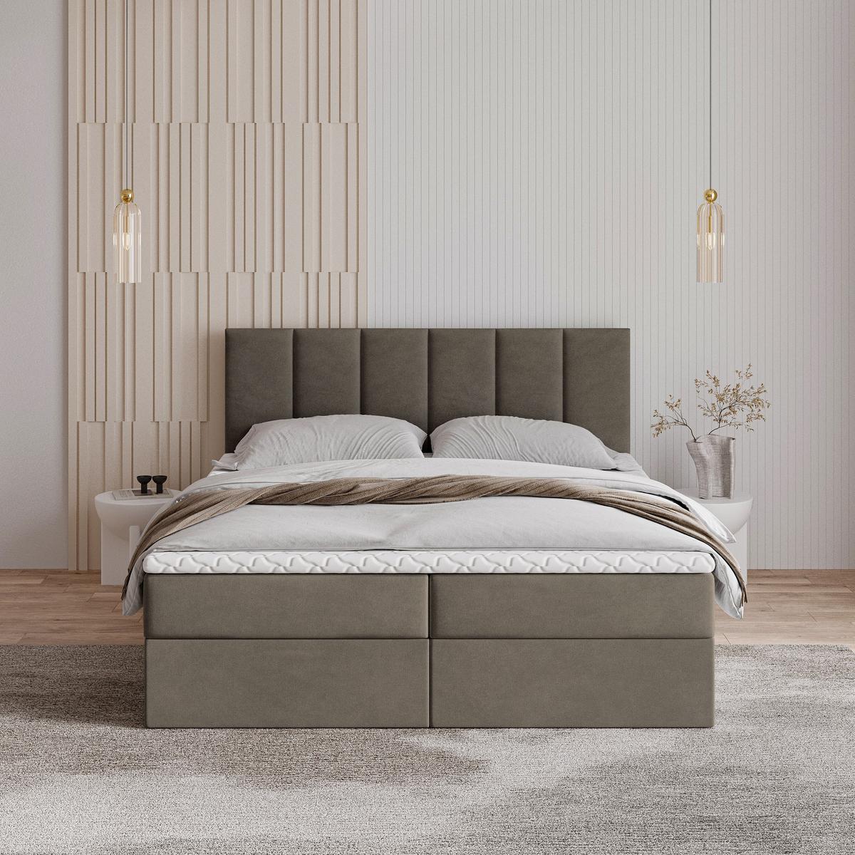 BOXBETT MERIL 160x200 cm mit Matratze und Topper - Braun - Hellbraun, Holz (160/200cm) - MASSENO