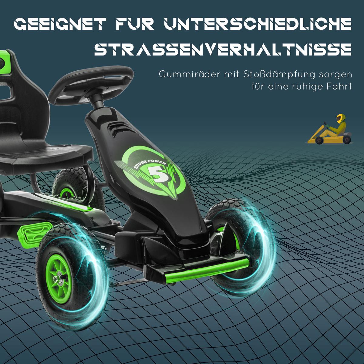 GOKART, Kinderfahrzeug mit verstellbarem Schalensitz, Tretauto, Grün+Schwarz - Grün, Metall (121/58/61cm) - HOMCOM