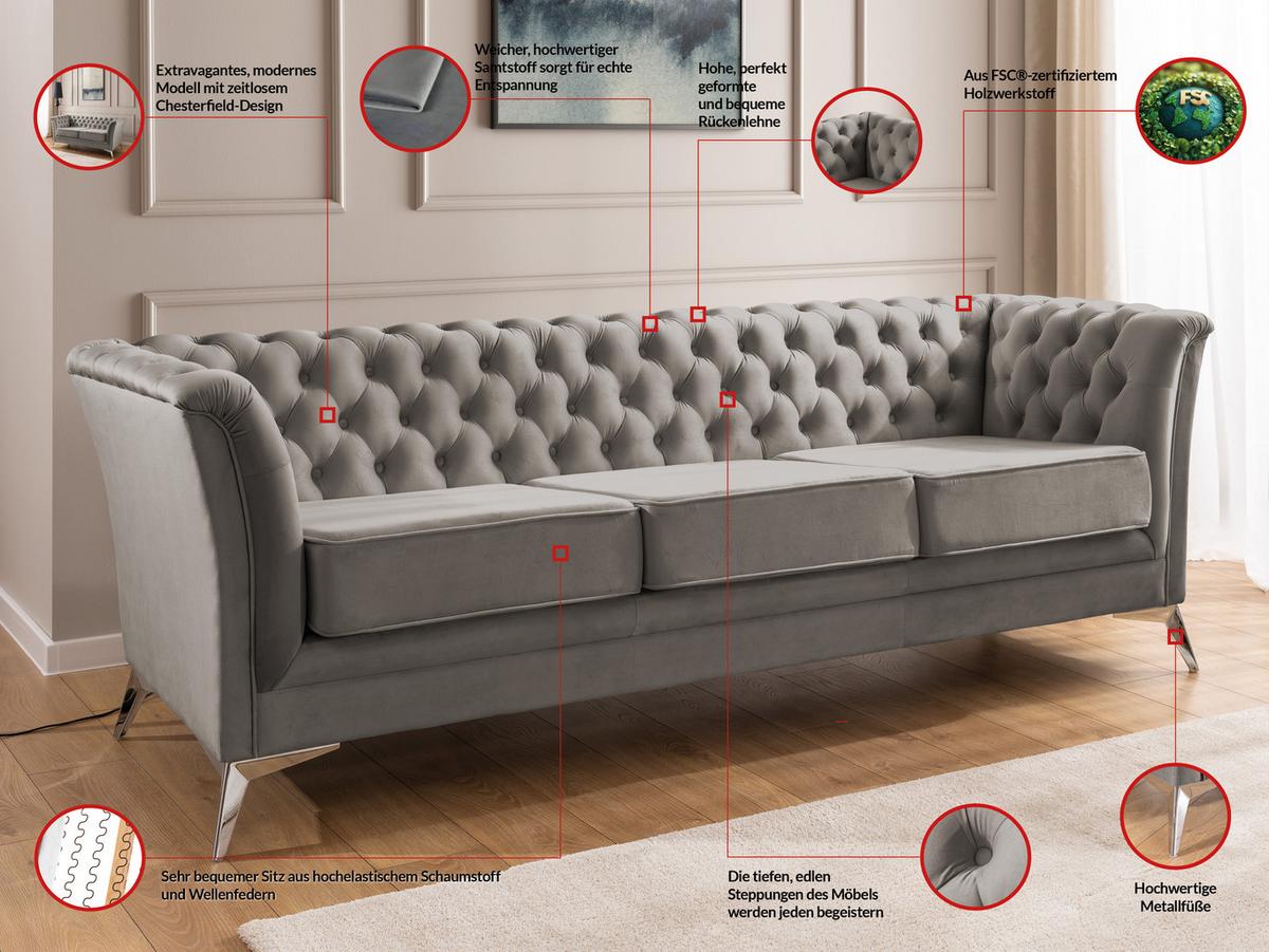 CHESTERFIELD-SOFA 3-sitzer Whitby Grau Samt mit silbernen Füßen - Silberfarben/Grau, Holz/Textil (237/78/82cm) - S-Style Möbel