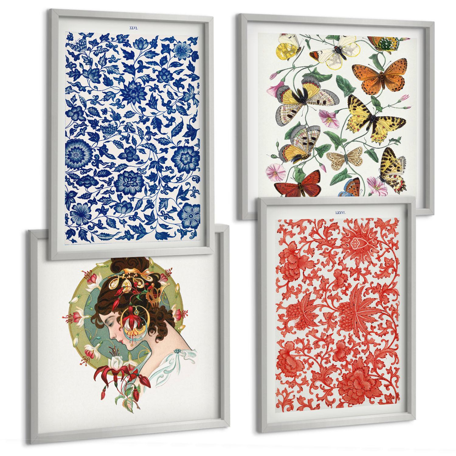 BILDER SET 4er Set - 50x50 cm & 40x60 cm Silberner Rahmen - Vintage-Blumen-Schmetterlings-Ornamente - Silberfarben, Kunststoff (50/50cm) - TULUP