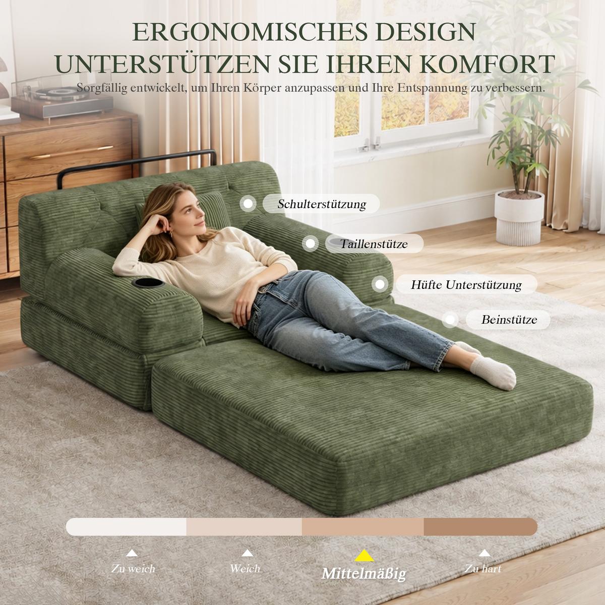 SCHLAFSOFA Cord mit Schlaffunktion, Getränkehalter & Taschen - Grün, Textil (107/81/80cm) - Urban Meuble