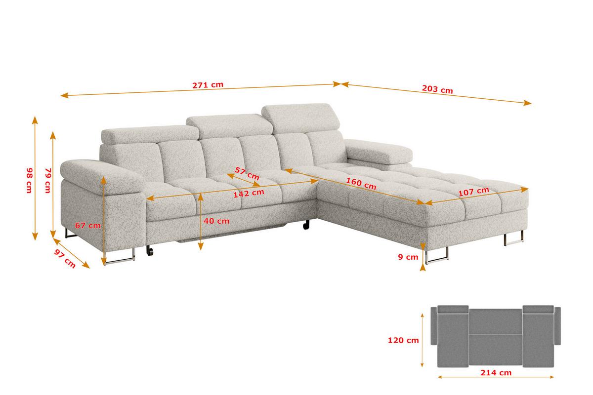 ECKSOFA mit Schlaffunktion Ottomane Rechts COMA L 271x203x79 Hellgrau Tissu - Hellgrau, Holzwerkstoff/Textil (203/271cm) - ALTDECOR
