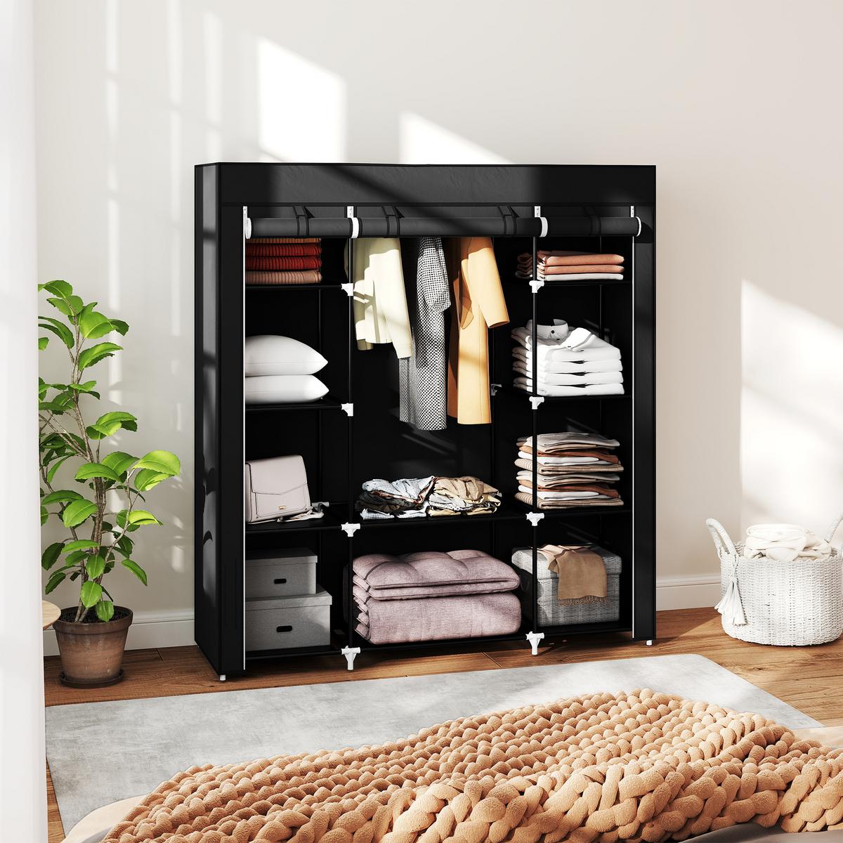 STOFFSCHRANK, Faltschrank mit Reißverschluss, Kleiderschrank, Tragbare Garderobe - Schwarz, Metall (43/162.5/150cm) - HOMCOM